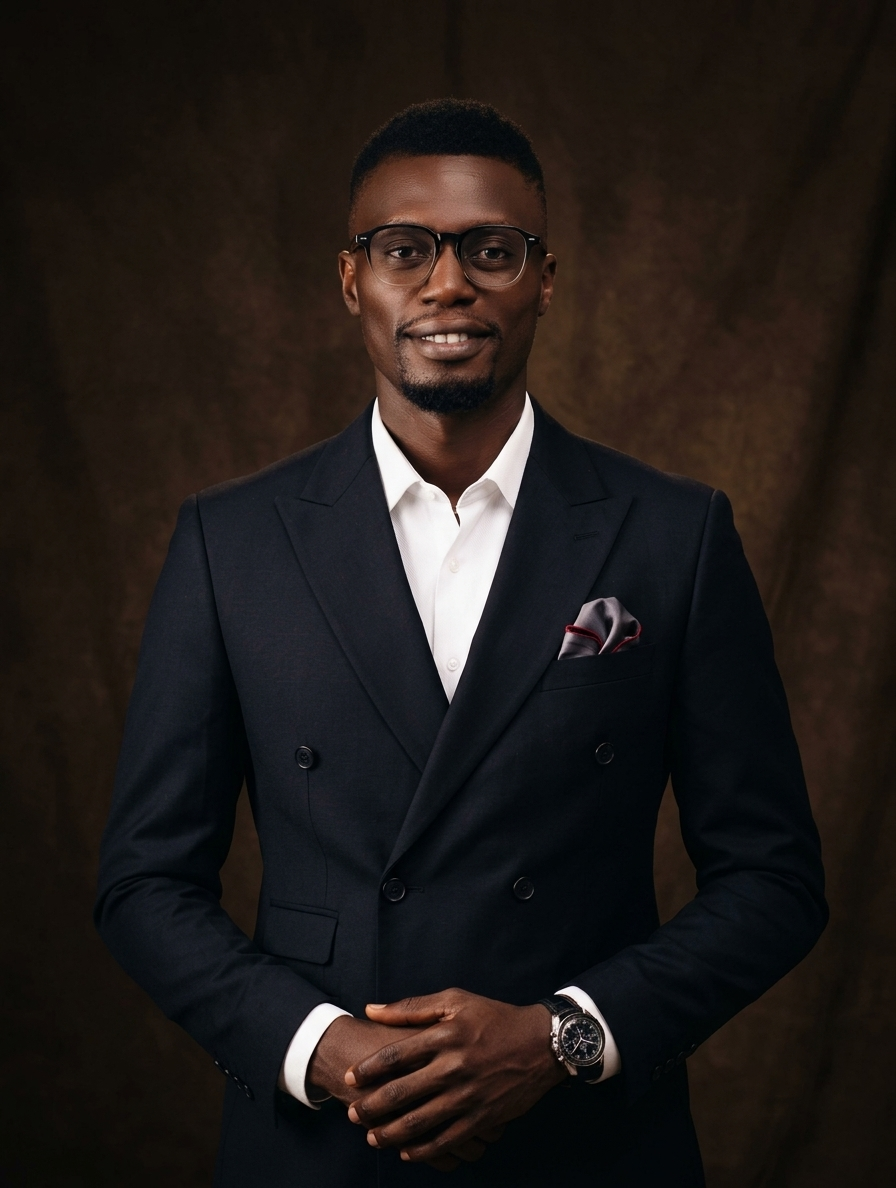 Prince Oluwatosin Odumosu, founder and media strategist, in a navy double-breasted suit